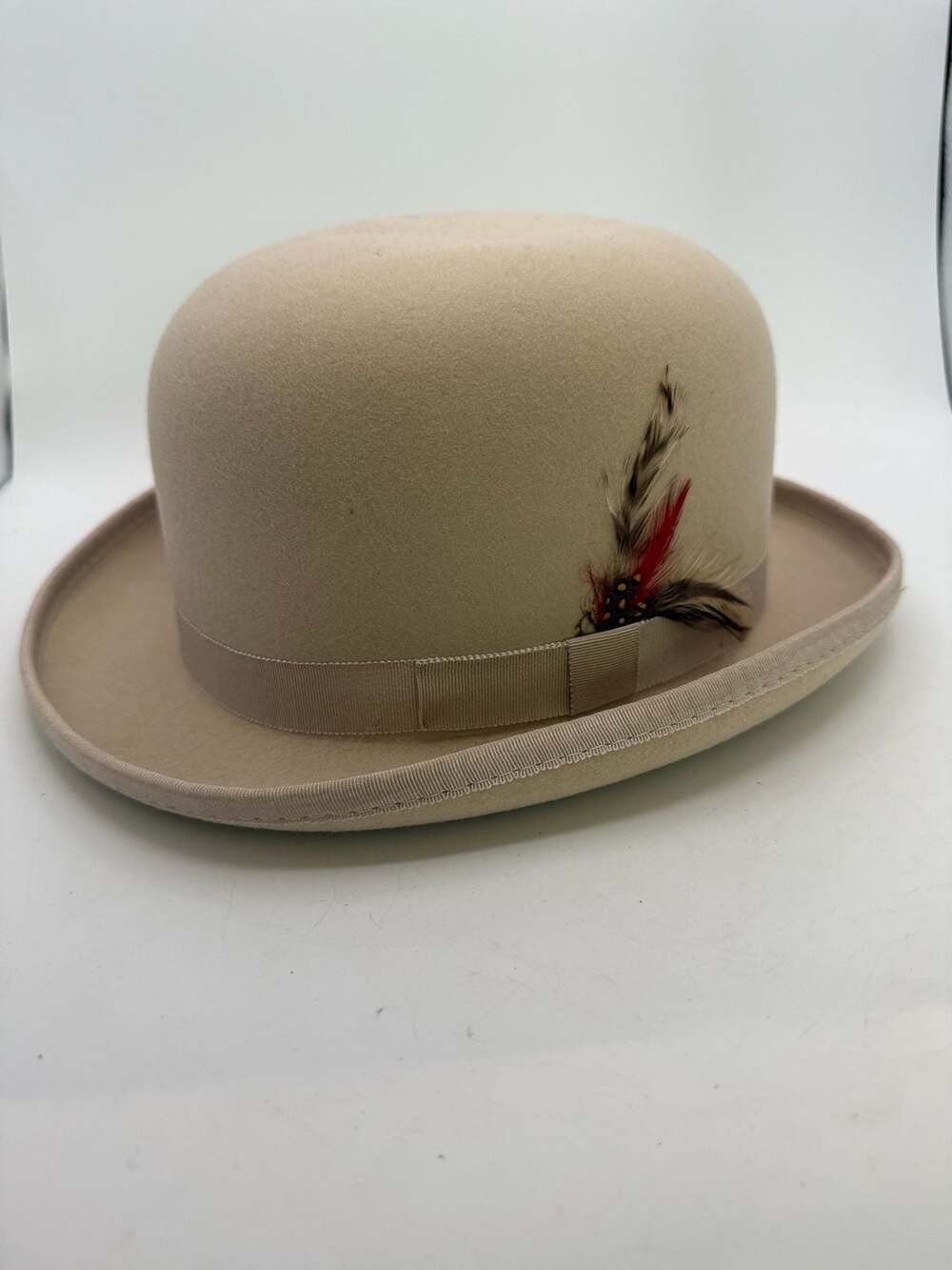 Capas Design Wool Derby Hat in Beige with Feather Accent